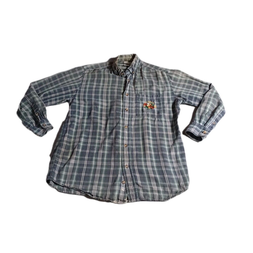 Vintage Disney Store Tigger Button Down Shirt Mens Small Plaid Blue Green Cotton